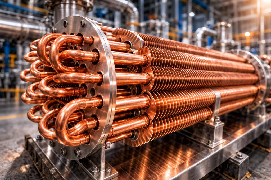 Improving HVAC Heat Exchanger Manufacturing with Precision Copper Brazing Copper heat exchanger in factory setting 1024x683 1
