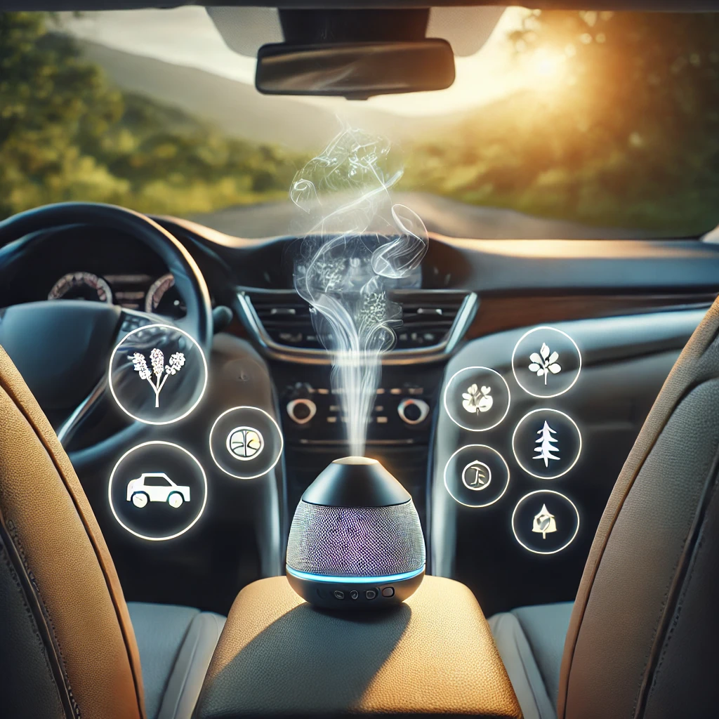 Diffuse Your Mood: How to Find the Perfect Scent for Your Car DALL·E 2024 09 24 11.12.32 An inviting image showing a car interior with a sleek air diffuser emitting a gentle fragrance. The atmosphere inside the car feels calm and refreshin
