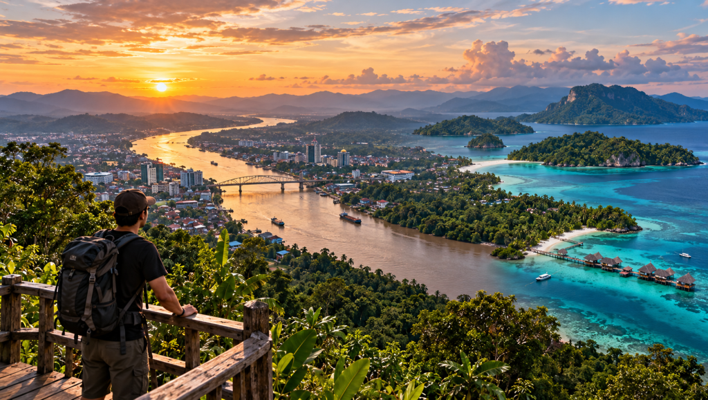 Golden Hour River and Island Panorama