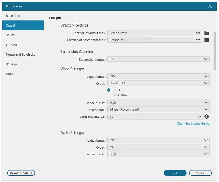 adjust the recording settings as needed choosing your preferred output format resolution and frame rate