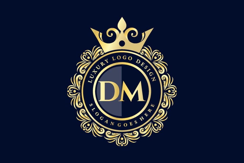 dm initial letter gold calligraphic feminine floral hand drawn heraldic monogram antique vintage style luxury logo design premium vector