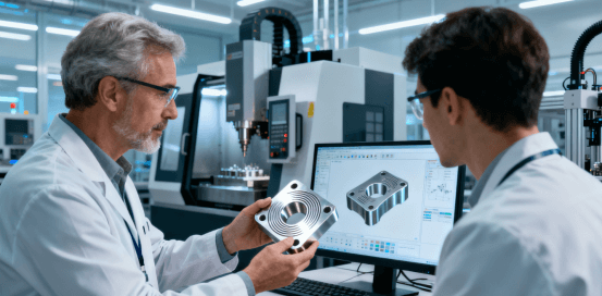 Engineering team validating a precision 5-axis CNC machined prototype against CAD data in a modern lab, symbolizing integrated product development.
