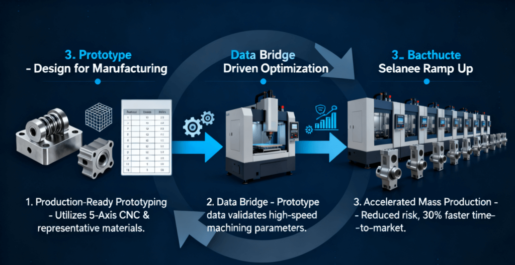 Infographic illustrating the three-stage continuous process: Production-Ready Prototyping, Data Bridge, and Accelerated Mass Production for faster time-to-market.