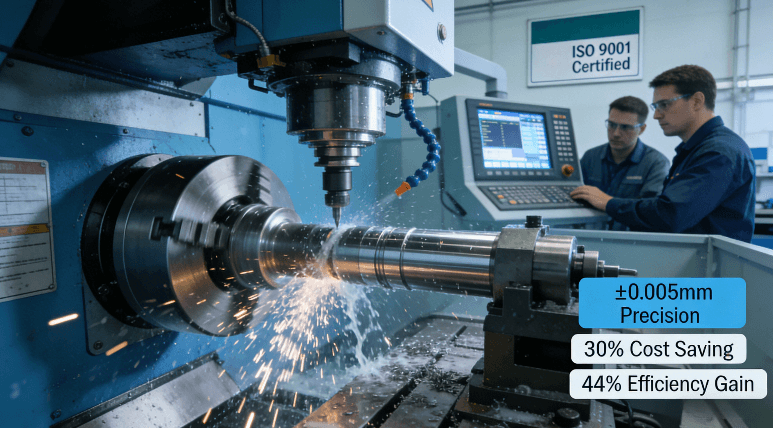 CNC lathe machining aerospace component in ISO certified facility, demonstrating high-precision manufacturing with ±0.005mm accuracy and 30% cost reduction
