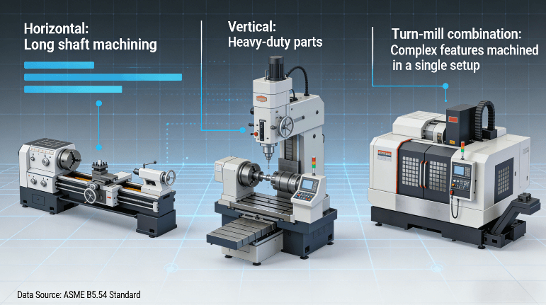 Technical diagram comparing horizontal, vertical and turning-milling center CNC lathes for different manufacturing applications