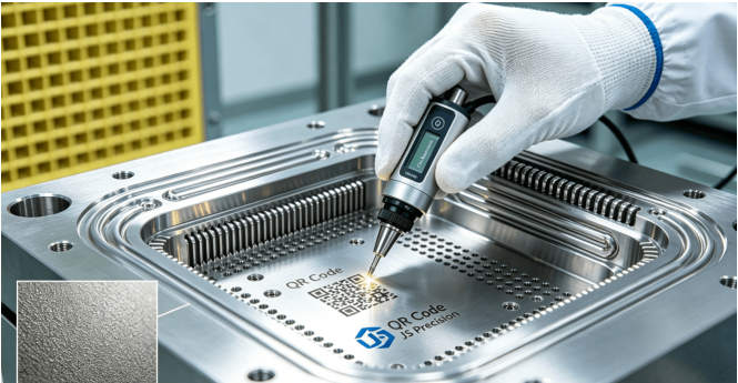 Close-up inspection of a mirror-finish aluminum semiconductor chamber using a CMM probe in a cleanroom, showcasing ultra-precise semiconductor CNC machining.