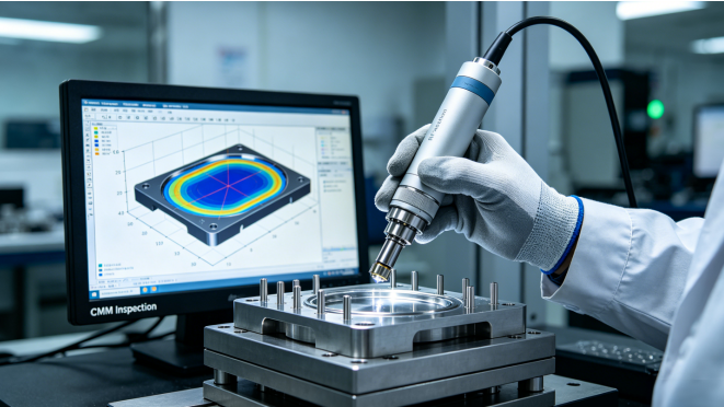  Close-up, realistic shot of an engineer's gloved hand using a Coordinate Measuring Machine (CMM) probe to inspect the micro-details of an RF shield enclosure, with a measurement data overlay on the monitor.