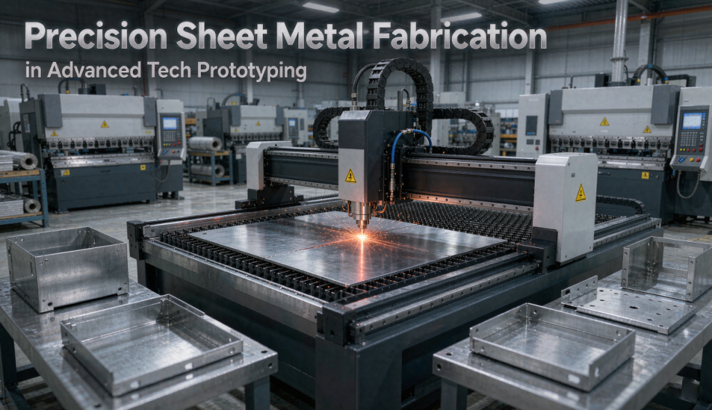 Precision Sheet Metal Fabrication in Advanced Tech Prototyping: Engineering Design and Rapid Manufacturing Trends : Fiber laser cutting machine processing metal sheet with sparks in a precision sheet metal fabrication facility for advanced tech prototyping.