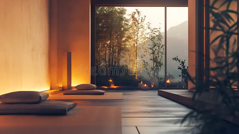 serene zen meditation room nature view perfect mindfulness practice relaxing atmosphere bamboo candles minimalist 411714478