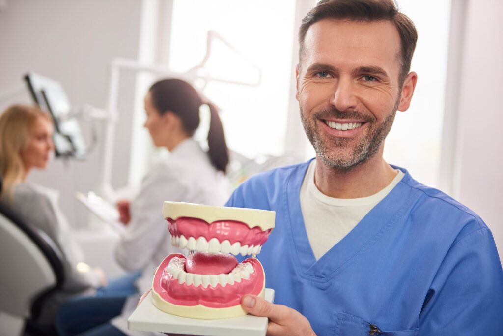 Choosing Between Dentures and Dental Implants in Perth: Which Is Right for You? smiling dentist showing artificial dentures 329181 20717